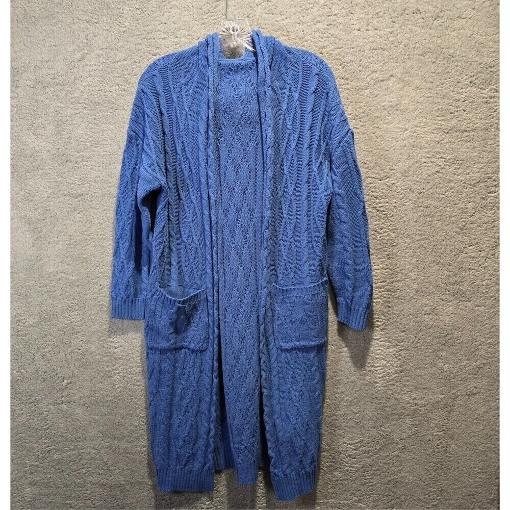 Womens Chunky Long Blue Cardigan‎ Sweater Hoodie with 2 Pockets Sz 2XL XXL Cable